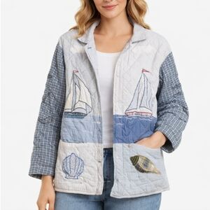 Patch Magic Quilted Jacket Coastal Nautical Sailboat Seashell Blue White Medium